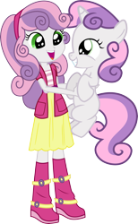 Size: 3229x5245 | Tagged: safe, artist:vector-brony, character:sweetie belle, species:pony, my little pony:equestria girls, cute, dawwww, diasweetes, hnnng, holding a pony, human ponidox, ponidox, simple background, square crossover, sweet dreams fuel, transparent background, vector, vector-brony is trying to murder us, weapons-grade cute, xk-class end-of-the-world scenario