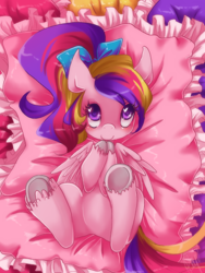Size: 480x640 | Tagged: dead source, safe, artist:loyaldis, character:princess cadance, species:alicorn, species:pony, bed, bow, c:, cute, cutedance, diabetes, female, fluffy, hair bow, heart eyes, hooves, looking at you, on back, pegasus cadance, pillow, ponytail, smiling, solo, underhoof, unshorn fetlocks, wingding eyes, younger