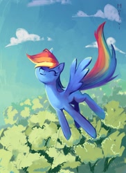 Size: 2098x2874 | Tagged: safe, artist:holivi, character:rainbow dash, species:pegasus, species:pony, g4, eyes closed, female, flying, forest, happy, high res, mare, solo