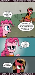Size: 800x1695 | Tagged: safe, artist:pony-berserker, character:pinkie pie, oc, oc:pun, ask pun, ask, clothing, comic, dialogue, jail, laundry, money, money laundering, prison outfit, pun, tumblr, wallet