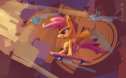 Size: 1860x1163 | Tagged: safe, artist:holivi, character:scootaloo, species:bird, species:pegasus, species:pony, abstract background, female, filly, grin, skateboard, solo