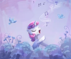 Size: 1724x1437 | Tagged: safe, artist:holivi, character:sweetie belle, species:bird, species:pony, species:unicorn, g4, eyes closed, female, filly, music, raised hoof, singing, solo