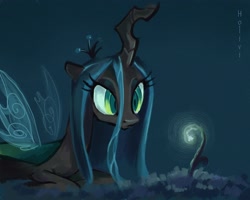 Size: 2874x2299 | Tagged: safe, artist:holivi, character:queen chrysalis, species:changeling, changeling queen, curious, female, glow, high res, prone, signature, solo