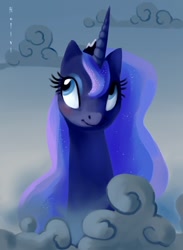 Size: 550x750 | Tagged: safe, artist:holivi, character:princess luna, species:alicorn, species:pony, g4, cloud, cloudy, female, looking up, mare, smiling, solo