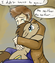Size: 459x525 | Tagged: safe, artist:jitterbugjive, character:doctor whooves, character:time turner, species:human, species:pony, crossover, crying, david tennant, doctor who, duo, hug, human ponidox, i don't want to go, ponidox, sad, tenth doctor, the doctor, timelord ponidox