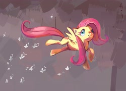 Size: 3999x2874 | Tagged: safe, artist:holivi, character:fluttershy, species:pegasus, species:pony, g4, butterfly, female, flying, happy, high res, mare, solo
