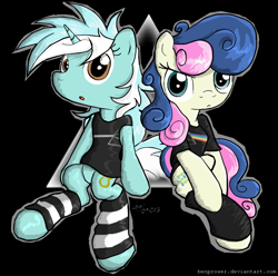 Size: 1020x1010 | Tagged: safe, artist:flutterthrash, character:bon bon, character:lyra heartstrings, character:sweetie drops, species:earth pony, species:pony, species:unicorn, ship:lyrabon, band shirt, bottomless, clothing, fashion, female, hipgnosis, lesbian, mare, pink floyd, shipping