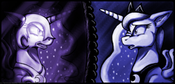 Size: 1024x492 | Tagged: safe, artist:inuhoshi-to-darkpen, character:nightmare moon, character:princess luna, duality, mirror, sad, scared