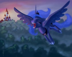 Size: 600x477 | Tagged: safe, artist:holivi, character:princess luna, species:alicorn, species:pony, g4, castle, eyes closed, female, flying, forest, mare, solo, yawn