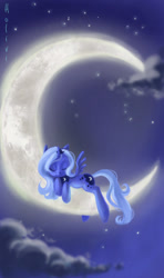 Size: 355x600 | Tagged: safe, artist:holivi, character:princess luna, species:alicorn, species:pony, g4, crescent moon, cute, female, filly, moon, night, sleeping, solo, tangible heavenly object, transparent moon, woona