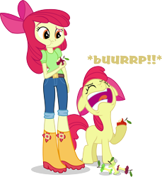 Size: 3078x3364 | Tagged: safe, artist:vector-brony, character:apple bloom, my little pony:equestria girls, apple, boots, burp, eating, human ponidox, ponidox, shoes, simple background, square crossover, transparent background, vector