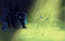 Size: 600x387 | Tagged: safe, artist:holivi, character:princess luna, species:alicorn, species:pegasus, species:pony, g4, butterfly, crepuscular rays, female, mare, sneaking, solo
