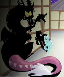 Size: 600x720 | Tagged: safe, artist:inuhoshi-to-darkpen, character:discord, character:lyra heartstrings, species:draconequus, species:pony, species:unicorn, duo, manipulation, night, puppet strings, shadow
