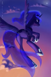 Size: 399x600 | Tagged: safe, artist:holivi, character:princess luna, species:alicorn, species:pony, g4, female, flying, mare, moon, rear view, sky, solo, underhoof