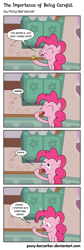 Size: 1152x3411 | Tagged: safe, artist:pony-berserker, character:pinkie pie, species:earth pony, species:pony, comic:the importance of being careful, 2013, comic, dialogue, disgusted, eating, english, eww, female, food, gross, hoof hold, hoof licking, hoof licking good, hooves, humor, implied poop, indoors, inkscape, licking, lidded eyes, mare, mmh, monologue, muffin, onomatopoeia, open mouth, raised hoof, raised leg, sitting, smiling, solo, speech bubble, sugarcube corner, tongue out, vector