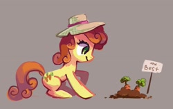 Size: 3433x2155 | Tagged: safe, artist:holivi, character:carrot top, character:golden harvest, species:earth pony, species:pony, carrot, clothing, cute, cutie top, eyes on the prize, female, happy, hat, high res, mare, simple background, solo