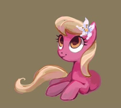 Size: 2581x2299 | Tagged: safe, artist:holivi, character:lily, character:lily valley, species:earth pony, species:pony, g4, female, happy, high res, looking up, mare, prone, simple background, solo