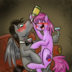 Size: 500x500 | Tagged: safe, artist:jitterbugjive, character:berry punch, character:berryshine, character:doctor whooves, character:time turner, discord whooves, discorded, drunk, wine