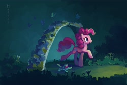 Size: 4311x2874 | Tagged: safe, artist:holivi, character:gummy, character:pinkie pie, species:earth pony, species:pony, absurd resolution, alligator, butterfly, female, garden, happy, lizard, mare, reptile, walking