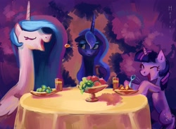Size: 4311x3161 | Tagged: safe, artist:holivi, character:princess celestia, character:princess luna, character:twilight sparkle, species:alicorn, species:pony, species:unicorn, g4, absurd resolution, female, food, laughing, mare, playing, spoon, table