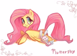 Size: 4311x3161 | Tagged: safe, artist:holivi, character:angel bunny, character:fluttershy, species:pony, g4, absurd resolution, female, happy, mare, prone, sleeping