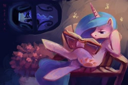 Size: 4311x2874 | Tagged: safe, artist:holivi, character:princess celestia, character:princess luna, species:alicorn, species:pony, gamer luna, absurd resolution, bench, book, computer, crossed hooves, crossed legs, female, firefly, mare, night, reading, sitting, window