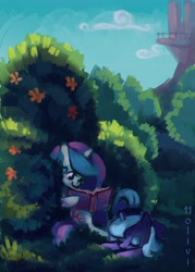 Size: 2874x4023 | Tagged: safe, artist:holivi, character:princess celestia, character:princess luna, species:alicorn, species:pony, absurd resolution, book, cute, female, filly, foal, garden, reading, royal sisters, siblings, sisters, sleeping, woona