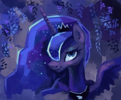 Size: 3448x2874 | Tagged: safe, artist:holivi, character:princess luna, species:alicorn, species:pony, g4, abstract background, bust, female, high res, mare, smiling, solo