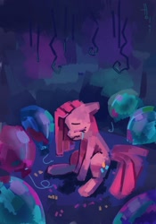 Size: 2011x2874 | Tagged: safe, artist:holivi, character:pinkamena diane pie, character:pinkie pie, species:earth pony, species:pony, g4, balloon, crying, eyes closed, female, high res, mare, sad, sitting, solo