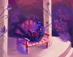 Size: 3356x2618 | Tagged: safe, artist:holivi, character:princess luna, species:alicorn, species:pony, bench, book, female, garden, high res, mare, on back, reading, solo