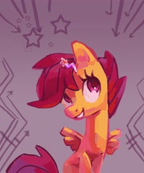 Size: 3010x3610 | Tagged: safe, artist:holivi, character:scootaloo, species:pegasus, species:pony, g4, abstract background, female, filly, hairpin, happy, high res, sitting, solo