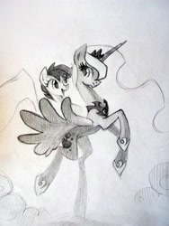 Size: 3216x4288 | Tagged: safe, artist:holivi, character:princess luna, character:scootaloo, species:alicorn, species:pegasus, species:pony, g4, absurd resolution, female, filly, happy, mare, monochrome, pencil drawing, ponies riding ponies, scootalove, traditional art