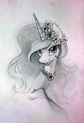 Size: 2736x4024 | Tagged: safe, artist:holivi, character:princess celestia, species:alicorn, species:pony, g4, absurd resolution, bust, daisy (flower), female, floral head wreath, flower, mare, monochrome, pencil drawing, smiling, solo, traditional art