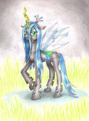 Size: 1847x2503 | Tagged: safe, artist:evomanaphy, character:queen chrysalis, species:changeling, changeling queen, fangs, female, fire, grin, looking at you, magic, raised hoof, smiling, solo, traditional art