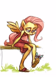 Size: 2331x3212 | Tagged: safe, artist:holivi, character:fluttershy, species:anthro, species:plantigrade anthro, butterfly, feet, female, sandals, solo