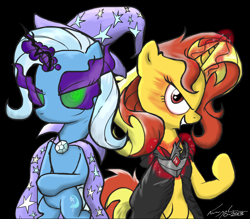 Size: 1050x920 | Tagged: safe, artist:flutterthrash, character:sunset shimmer, character:trixie, species:pony, species:unicorn, alicorn amulet, cloak, clothing, counterparts, dark magic, magic, sombra eyes, twilight's counterparts
