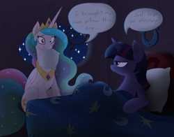 Size: 10800x8471 | Tagged: safe, artist:joey darkmeat, artist:krazy3, character:princess celestia, character:twilight sparkle, character:twilight sparkle (unicorn), species:alicorn, species:pony, species:unicorn, g4, absurd resolution, bed, crown, cute, cutelestia, dialogue, female, friendshipping, frown, glare, golden oaks library, jewelry, lying down, mare, mouth hold, necklace, night, peytral, pillow, profile, regalia, sitting, sleepover, smiling, speech bubble, stars, twilight is not amused, unamused, window