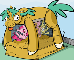 Size: 1355x1094 | Tagged: safe, artist:php27, artist:rustydooks, character:fluttershy, character:pinkie pie, character:snails, bouncy castle, cute, diapinkes, floating, happy, hoof in air, inflatable, open mouth, thousand yard stare, underhoof