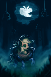 Size: 1080x1620 | Tagged: safe, artist:assasinmonkey, character:applejack, apple, clothing, costume, female, forest, monster, moon, night, solo, surreal