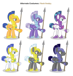 Size: 2729x2832 | Tagged: safe, artist:pika-robo, artist:vector-brony, character:flash sentry, character:shining armor, species:crystal pony, species:pegasus, species:pony, alternate costumes, armor, crystal guard, crystal guard armor, helmet, hoof hold, hoof shoes, male, night guard, palette swap, recolor, royal guard, royal guard armor, simple background, skin, spear, stallion, transparent background, weapon