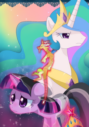 Size: 720x1024 | Tagged: safe, artist:loyaldis, character:discord, character:princess celestia, character:twilight sparkle, character:twilight sparkle (unicorn), species:pony, species:unicorn, g4, angry, big crown thingy, bust, crying, element of harmony, element of magic, female, mare, sad