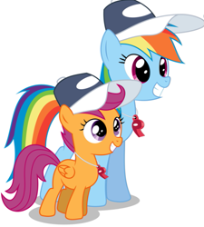 Size: 495x550 | Tagged: safe, artist:masem, character:rainbow dash, character:scootaloo, species:pegasus, species:pony, baseball cap, cap, clothing, coach, grin, hat, rainbow dashs coaching whistle, simple background, sisters, smiling, sports, trainer, training, vector, whistle, white background