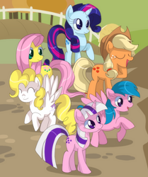 Size: 720x860 | Tagged: dead source, safe, artist:loyaldis, character:applejack, character:firefly, character:fluttershy, character:pinkie pie, character:posey, character:rainbow dash, character:rarity, character:sparkler (g1), character:surprise, character:twilight sparkle, species:earth pony, species:pegasus, species:pony, species:unicorn, g1, applejack's hat, clothing, cowboy hat, eyes closed, female, flying, g1 six, g1 to g4, happy, hat, horn, mane six, mare, raised hoof, smiling, spread wings, standing, wings