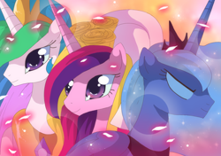 Size: 1024x720 | Tagged: dead source, safe, artist:loyaldis, character:princess cadance, character:princess celestia, character:princess luna, species:alicorn, species:pony, g4, bust, clothing, eyes closed, female, frown, horn, jewelry, mare, portrait, princess, regalia, smiling, standing, tiara