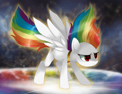 Size: 1559x1200 | Tagged: dead source, safe, artist:loyaldis, character:rainbow dash, species:pegasus, species:pony, g4, element of loyalty, female, frown, mare, smiling, solo, space, spread wings, standing, super rainbow dash, wings