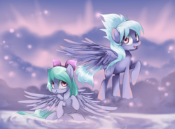 Size: 802x594 | Tagged: safe, artist:loyaldis, character:cloudchaser, character:flitter, species:pegasus, species:pony, g4, bow, duo, duo female, female, hair bow, happy, looking at you, mare, raised hoof, sisters, sitting, smiling, spread wings, standing, wings