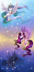 Size: 1372x2880 | Tagged: safe, artist:loyaldis, character:princess cadance, character:princess celestia, character:princess luna, species:alicorn, species:pony, g4, female, filly, flying, happy, mare, princess, smiling, spread wings, wings, younger