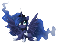 Size: 800x600 | Tagged: dead source, safe, artist:loyaldis, character:princess luna, species:alicorn, species:pony, g4, blushing, chibi, cute, female, heart eyes, mare, raised hoof, simple background, sitting, smiling, solo, spread wings, transparent background, wingding eyes, wings