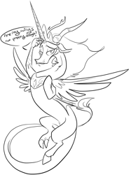 Size: 983x1337 | Tagged: safe, artist:php27, character:discord, character:princess celestia, species:alicorn, species:pony, costume, crown, dialogue, rule 63, sketch, speech bubble