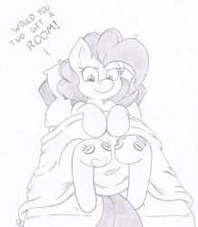 Size: 935x1074 | Tagged: safe, artist:joey darkmeat, character:pinkie pie, bed, blanket, clothing, female, hooves, monochrome, sock puppet, socks, solo, traditional art